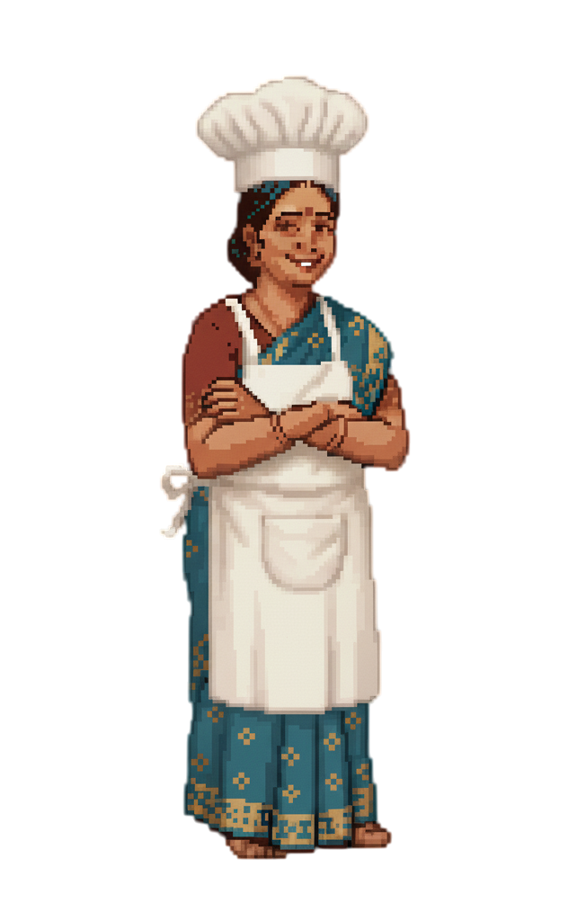 Pixel baker avatar in saree with chef hat and apron